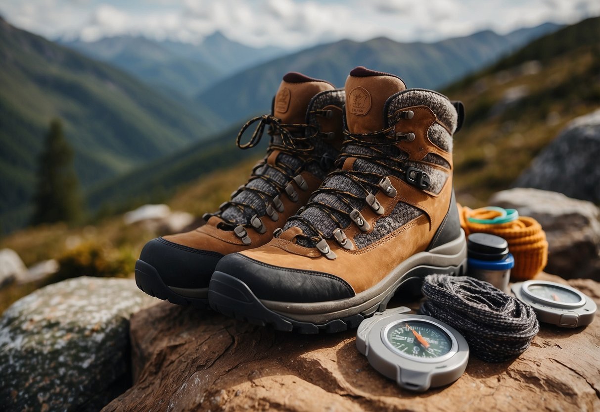 A pair of sturdy hiking boots surrounded by various types of socks, including wool, moisture-wicking, and cushioned options. A geocaching map and compass are laid out nearby