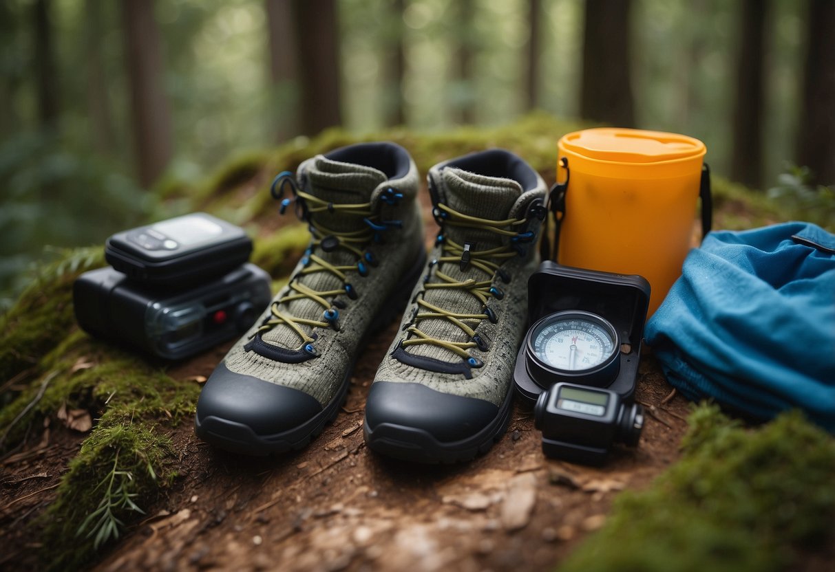 A pile of hiking socks, a GPS device, a compass, and a small container hidden in the woods