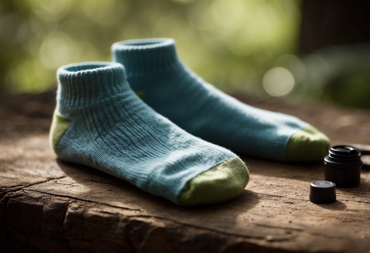 A pair of geocaching socks laid out on a flat surface, with a bottle of gentle detergent and a soft brush nearby for cleaning. A small fan blowing gently to dry the socks after washing