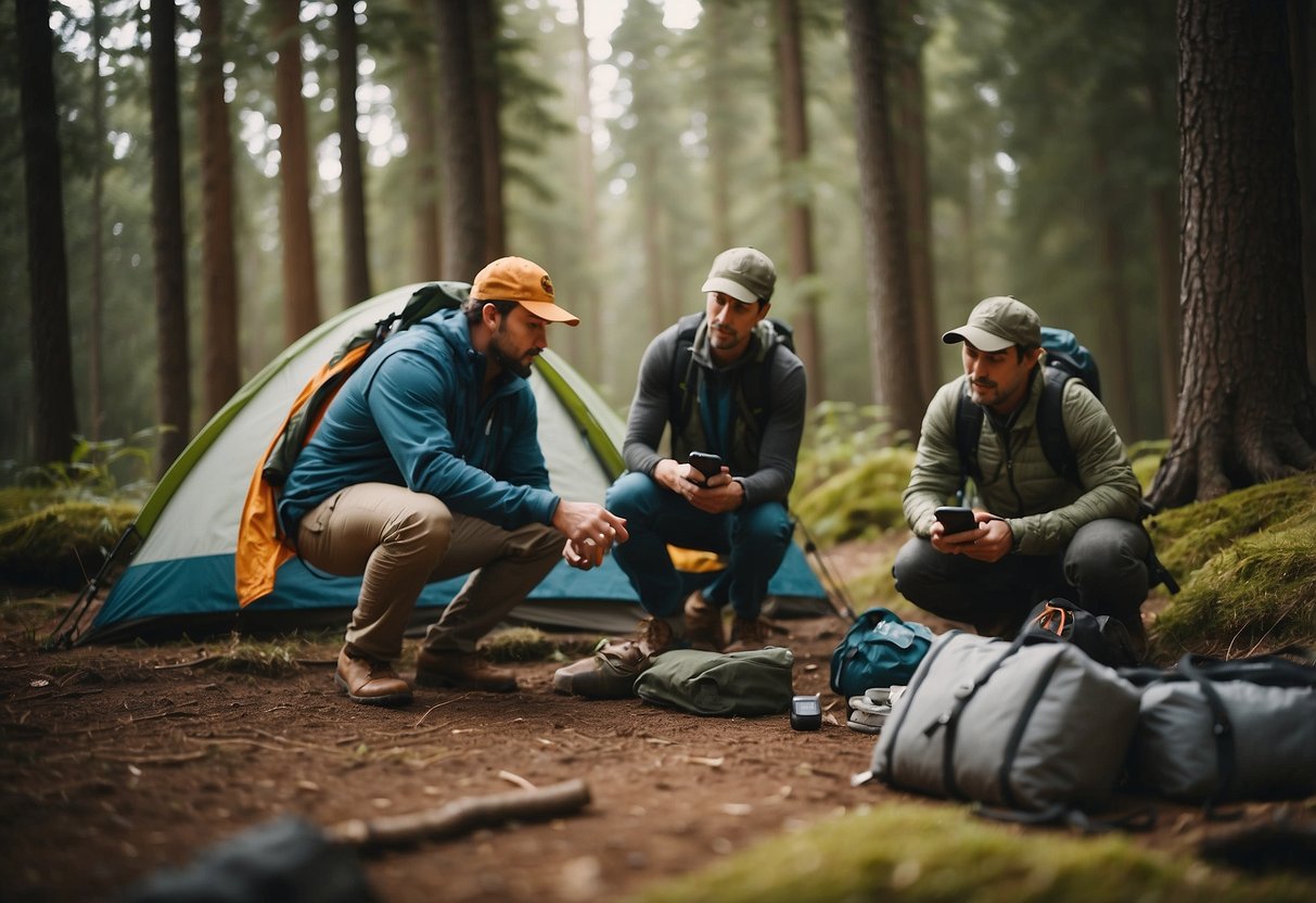 Geocachers at campsites, searching with GPS devices. Tents, trees, and hidden caches in natural settings. Excitement and adventure in the great outdoors