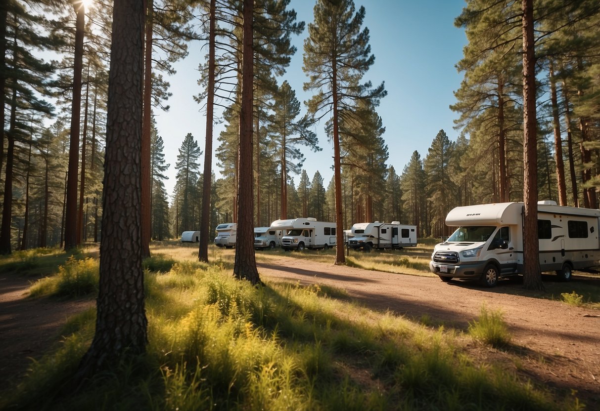 A serene forest clearing with RVs parked in designated campsites, surrounded by towering pine trees and a clear blue sky. Geocaching containers hidden among the natural landscape