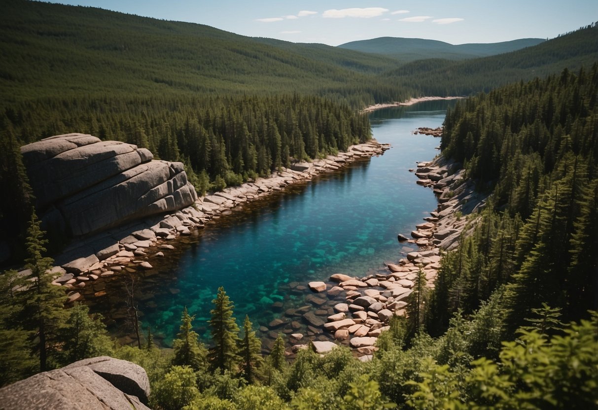 A lush forest with designated campgrounds and geocaching sites, surrounded by rocky coastline and pristine lakes in Acadia National Park