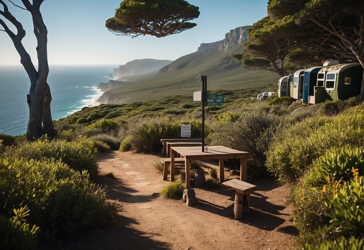 A scenic campground with geocaching signs, nestled among lush trees and overlooking the ocean at Cape Point