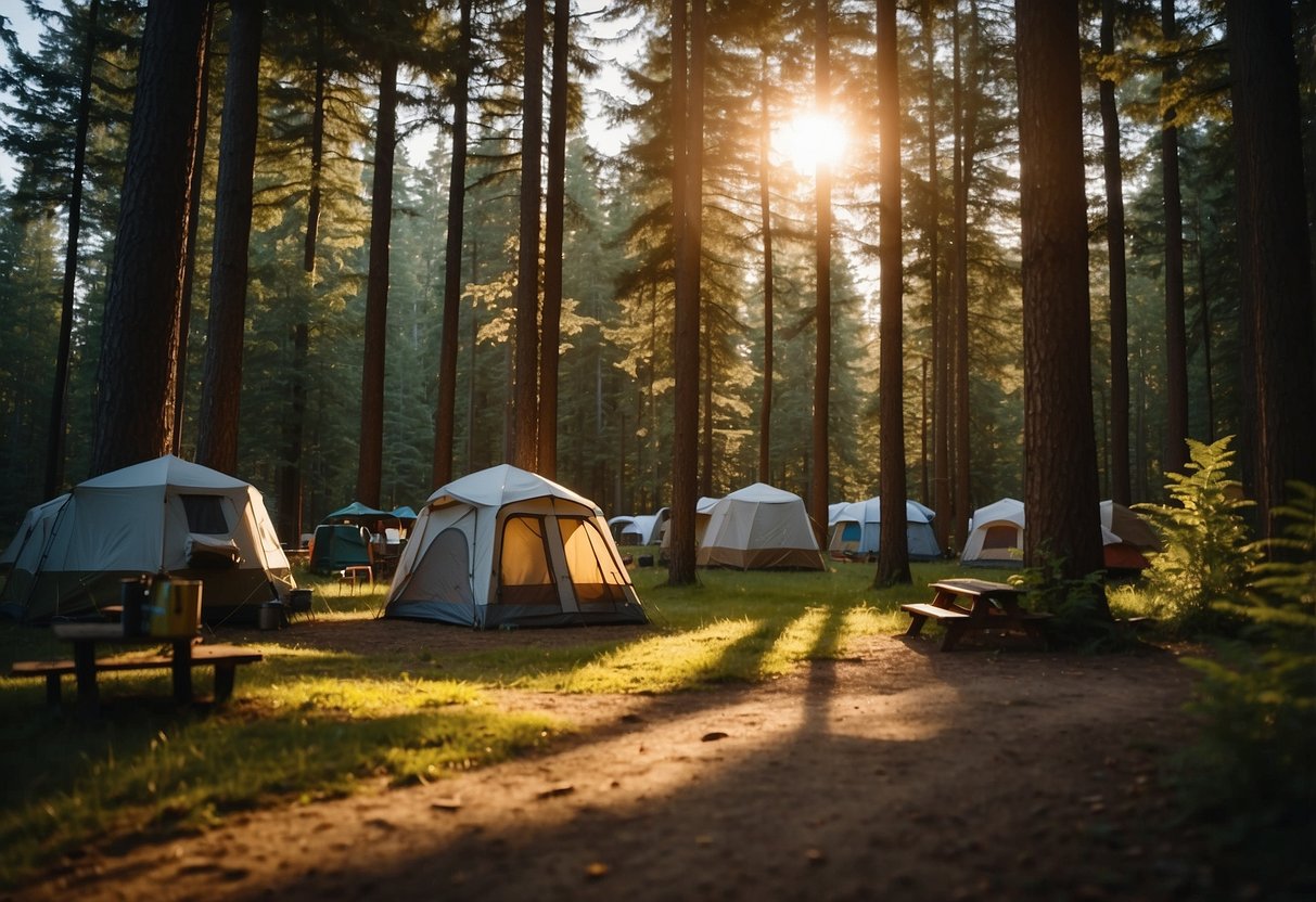 A serene campground nestled in lush forest, with 10 prime campsites for geocachers to explore. The sun sets behind the towering trees, casting a warm glow over the tranquil scene