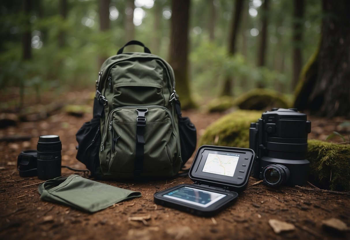 A backpack sits open on the ground, filled with a compass, map, and GPS device. A tent is being set up nearby, with a campfire ready for cooking