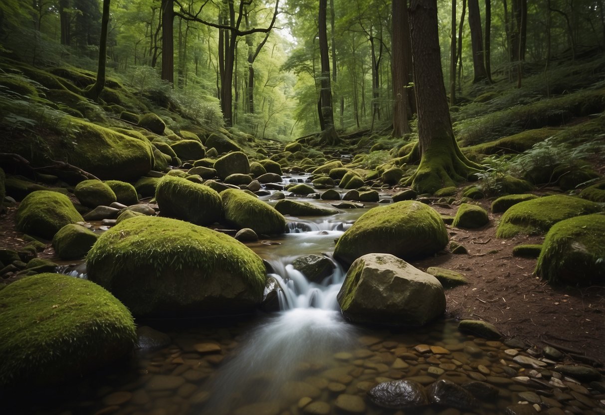 A serene forest clearing with a babbling brook, surrounded by tall trees and lush greenery. A hidden geocache is nestled among the rocks, waiting to be discovered