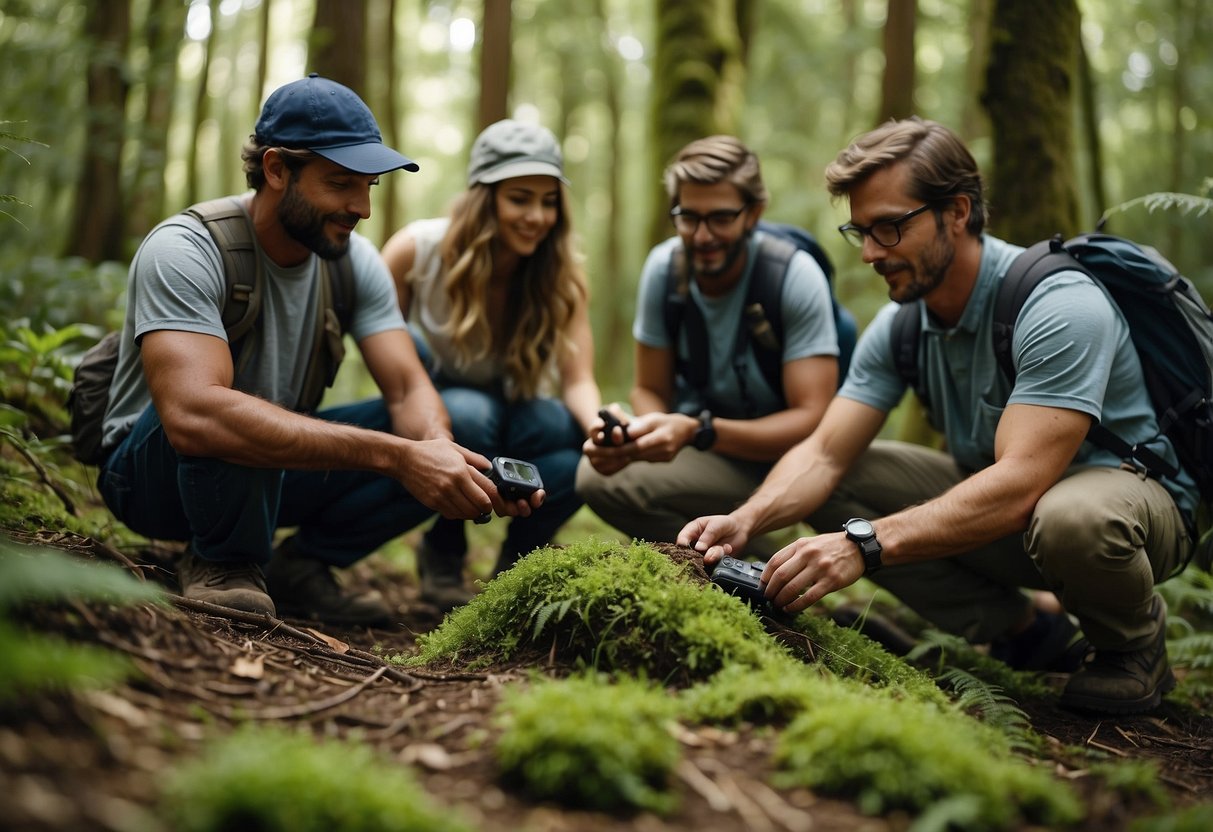 A diverse group of geocachers search for hidden treasures in a lush forest, using GPS devices and homemade tools. They carefully navigate through the terrain, excitedly uncovering hidden caches while staying mindful of their budget