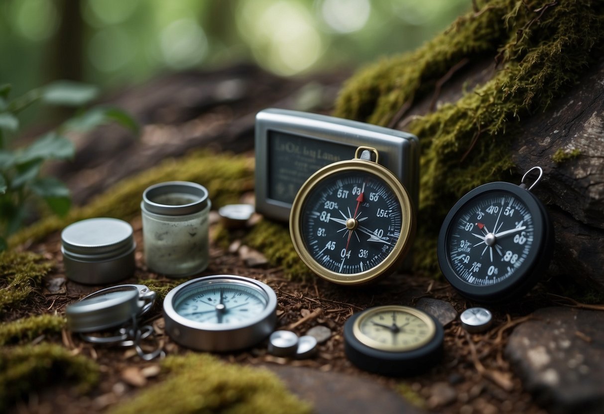 Household items scattered in nature, repurposed for geocaching. Map, compass, and containers hidden in trees and under rocks. Budget-friendly adventure awaits