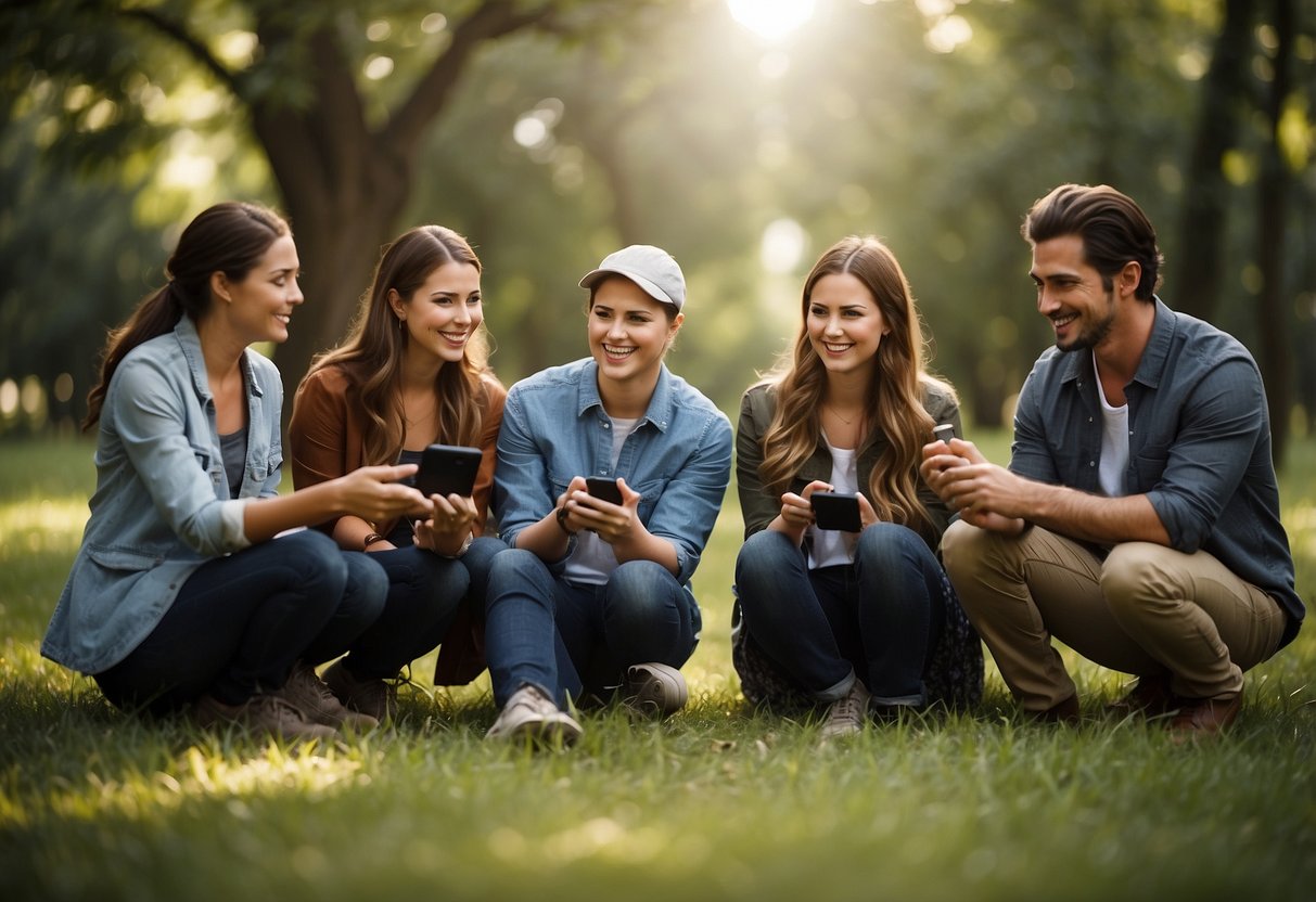 A group of people gather at a park for a geocaching event, searching for hidden treasures using GPS devices. They share tips and strategies for geocaching on a budget