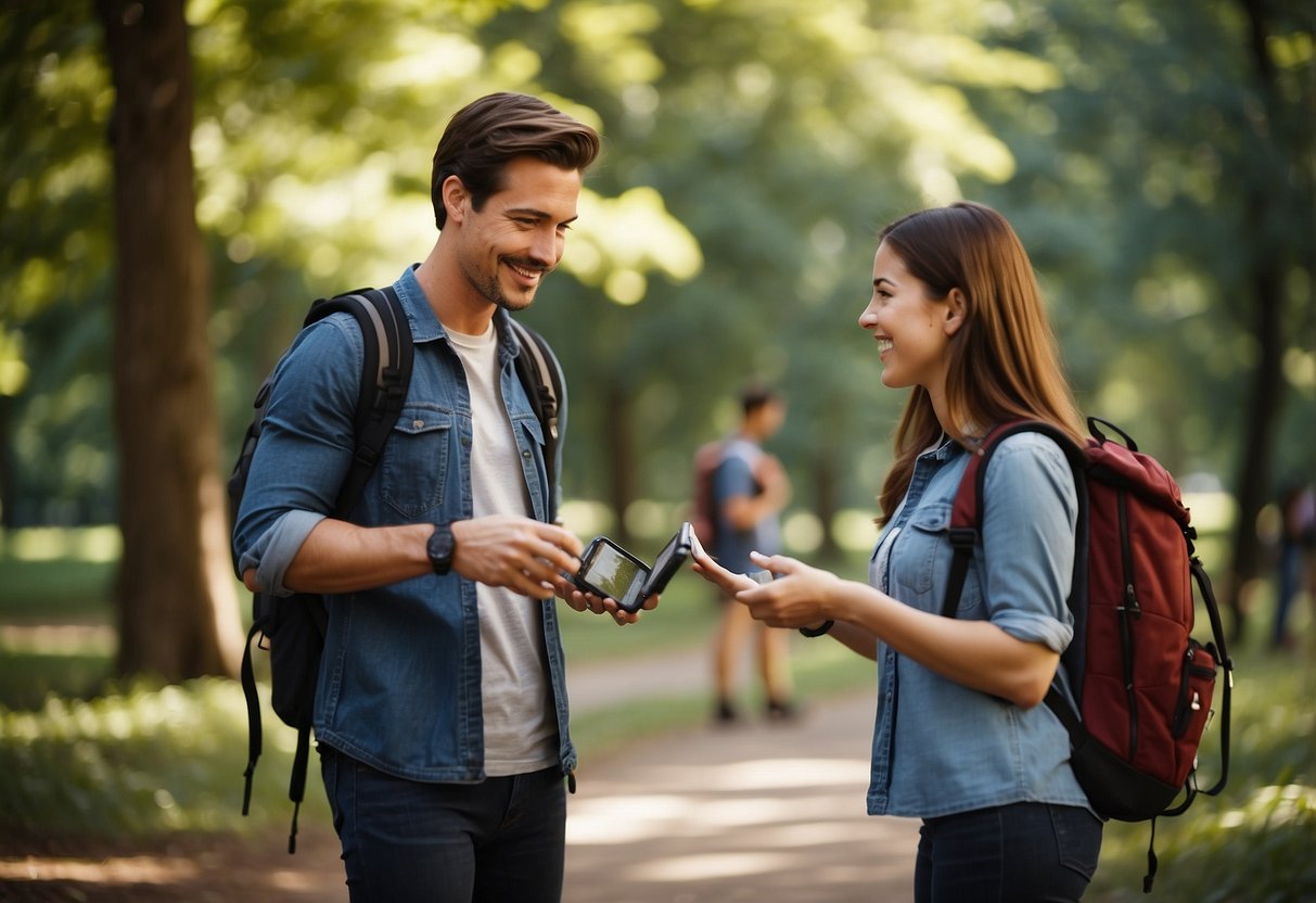 Friends exchanging geocaching gear in a park. Backpacks, GPS devices, and containers are being passed between them. Trees and a trail are visible in the background