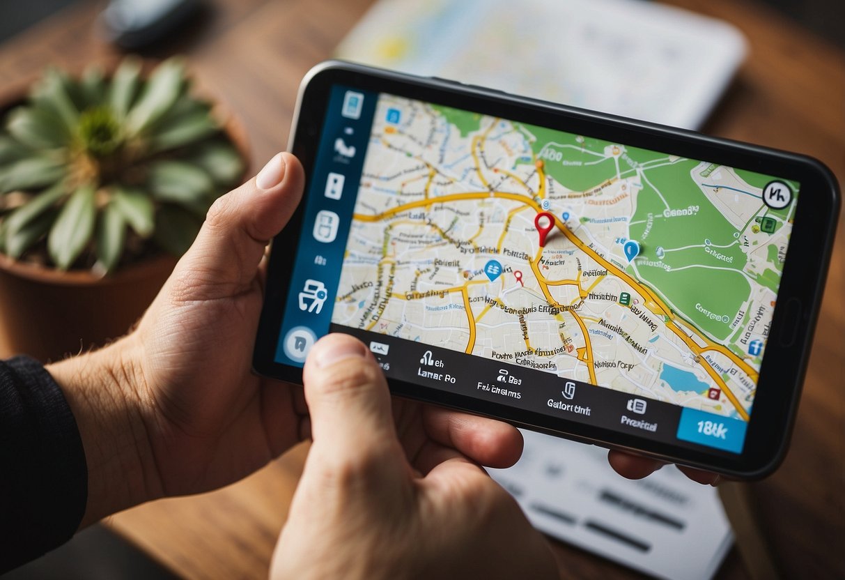 A hand reaching for a map, surrounded by geocaching tools and a smartphone with offline maps. Tips for geocaching on a budget displayed on the screen