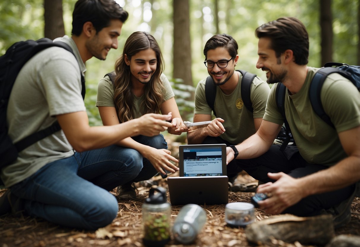 A group of people gather around a computer, discussing geocaching tips on a forum. A map and compass sit nearby, along with a backpack and snacks