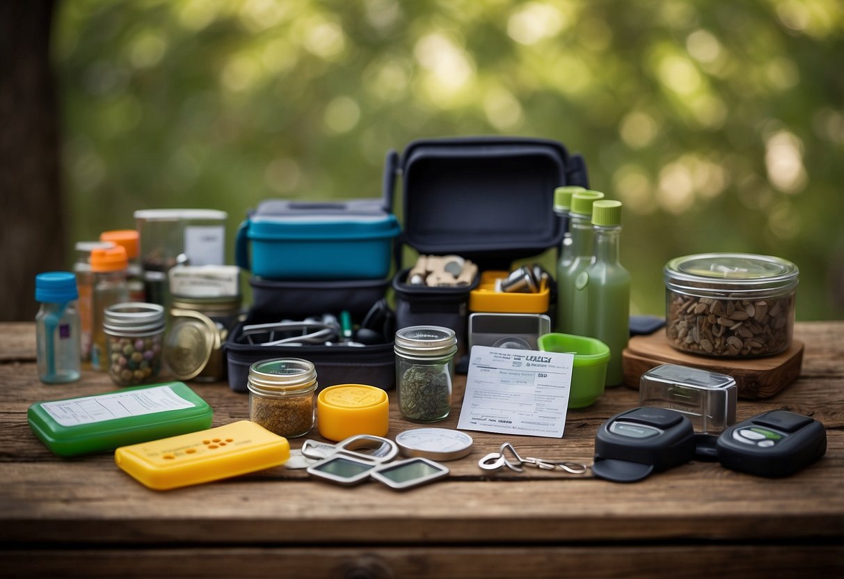 A table with various geocaching supplies: containers, logbooks, stickers, and trinkets. A sign reads "Affordable Geocaching Supplies" with prices listed