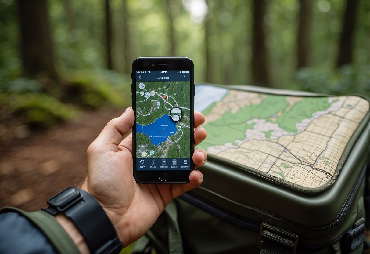 A hand holding a smartphone with a geocaching app open, surrounded by nature and various terrain features. A map and compass are visible in the background, along with a backpack filled with supplies