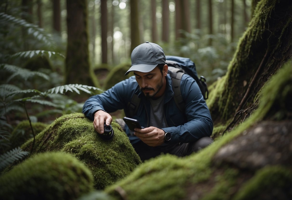 A person searches for geocaches in a lush forest, using a GPS device. They carefully examine a hidden container, surrounded by trees and rocks