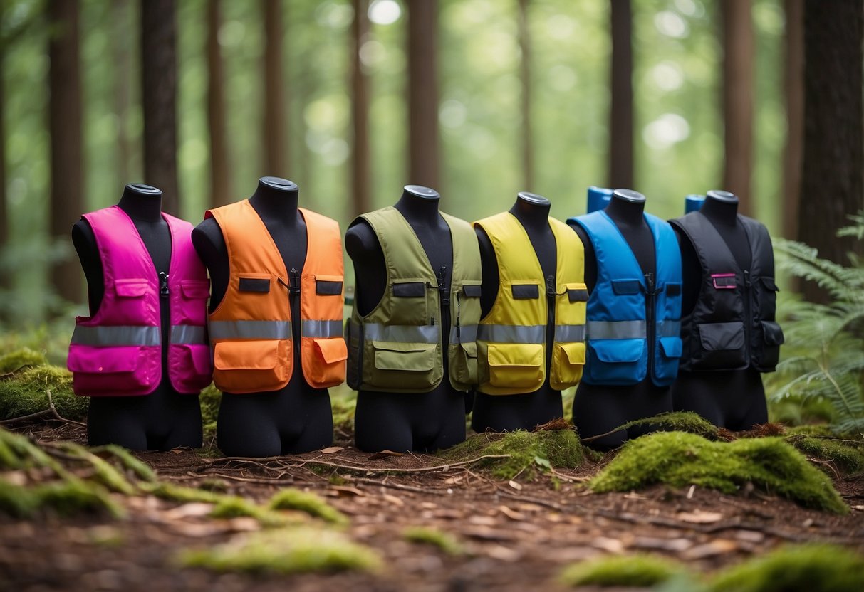 Five colorful lightweight vests arranged on a forest floor, surrounded by trees and a GPS device