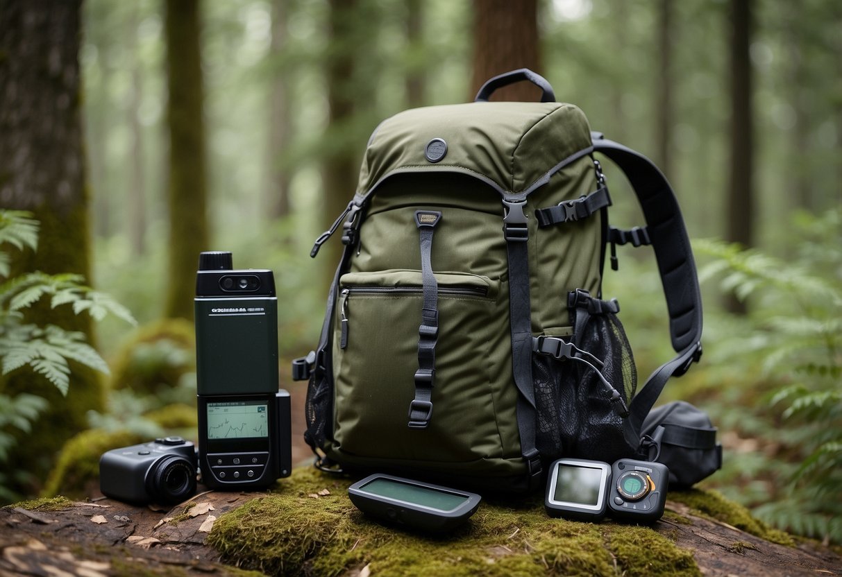 A forest clearing with a backpack, compass, and GPS device laid out on a rock next to a Columbia Silver Ridge Vest. Surrounding trees and bushes indicate a geocaching adventure