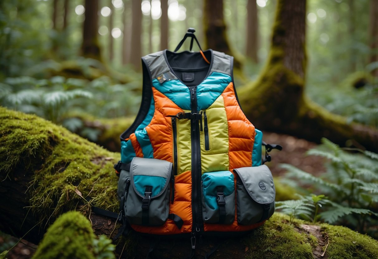 A colorful ThermoBall Eco vest hangs on a tree branch in a lush forest, with a GPS device and a geocaching logbook nearby