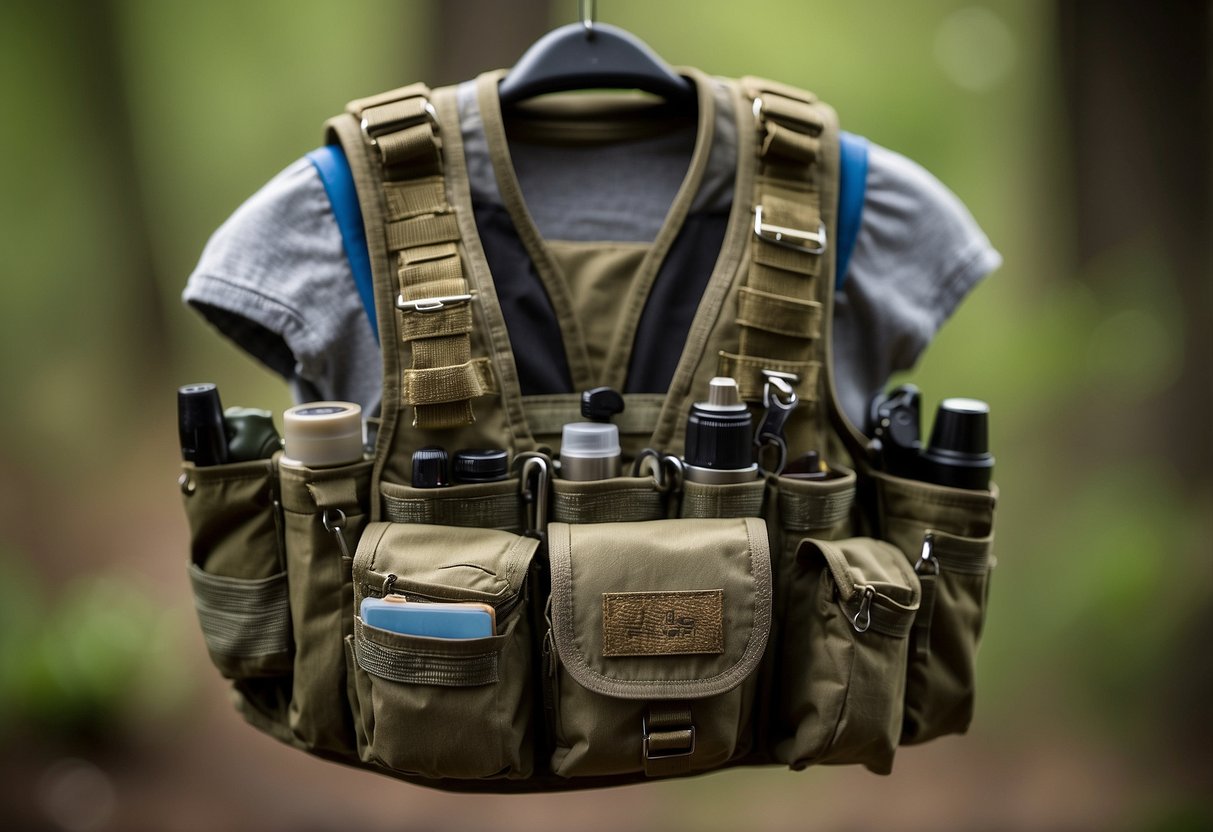 A geocaching vest hanging on a hook, with multiple pockets and compartments for storing GPS devices, maps, and other essential geocaching tools