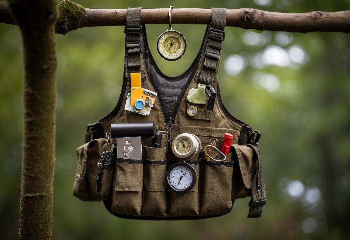 A geocaching vest hanging on a hook, with pockets neatly organized and a small toolkit attached. A map and compass are tucked into the front pocket