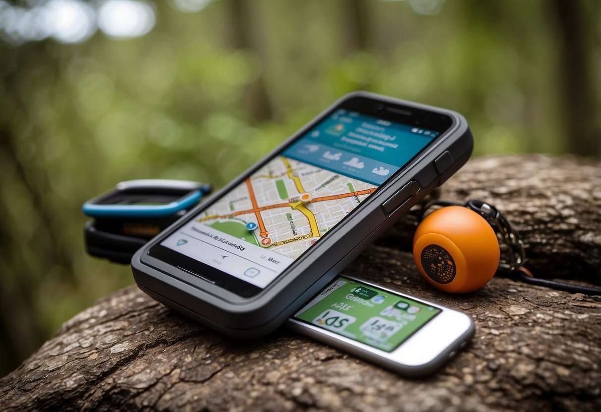 A hand-held GPS device with a geocaching app open, surrounded by various geocaching items such as a logbook, trinkets, and a pen