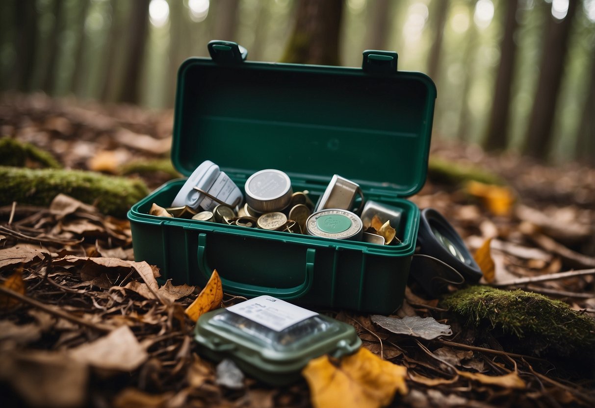 A geocacher leaves a cache in poor condition, with broken or damaged items scattered around, a clear example of common geocaching mistakes to avoid