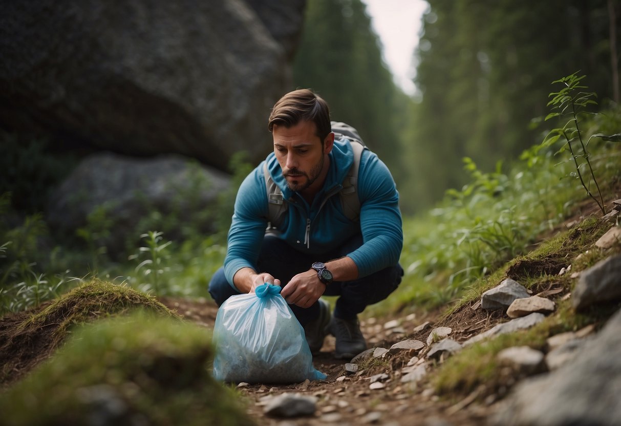 Geocacher placing cache in plastic bag, hiding it under rock. Avoiding common mistakes