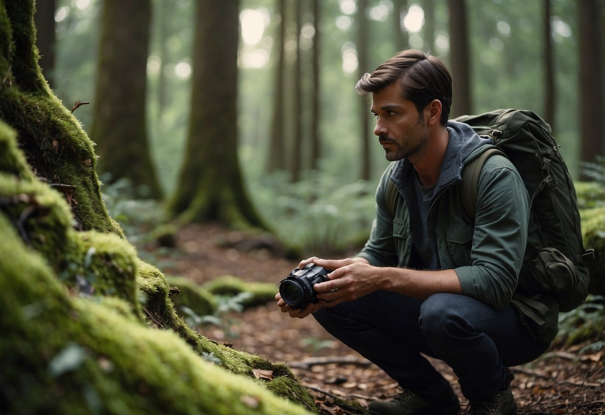 A geocacher looks puzzled at a misleading cache description in a forest setting