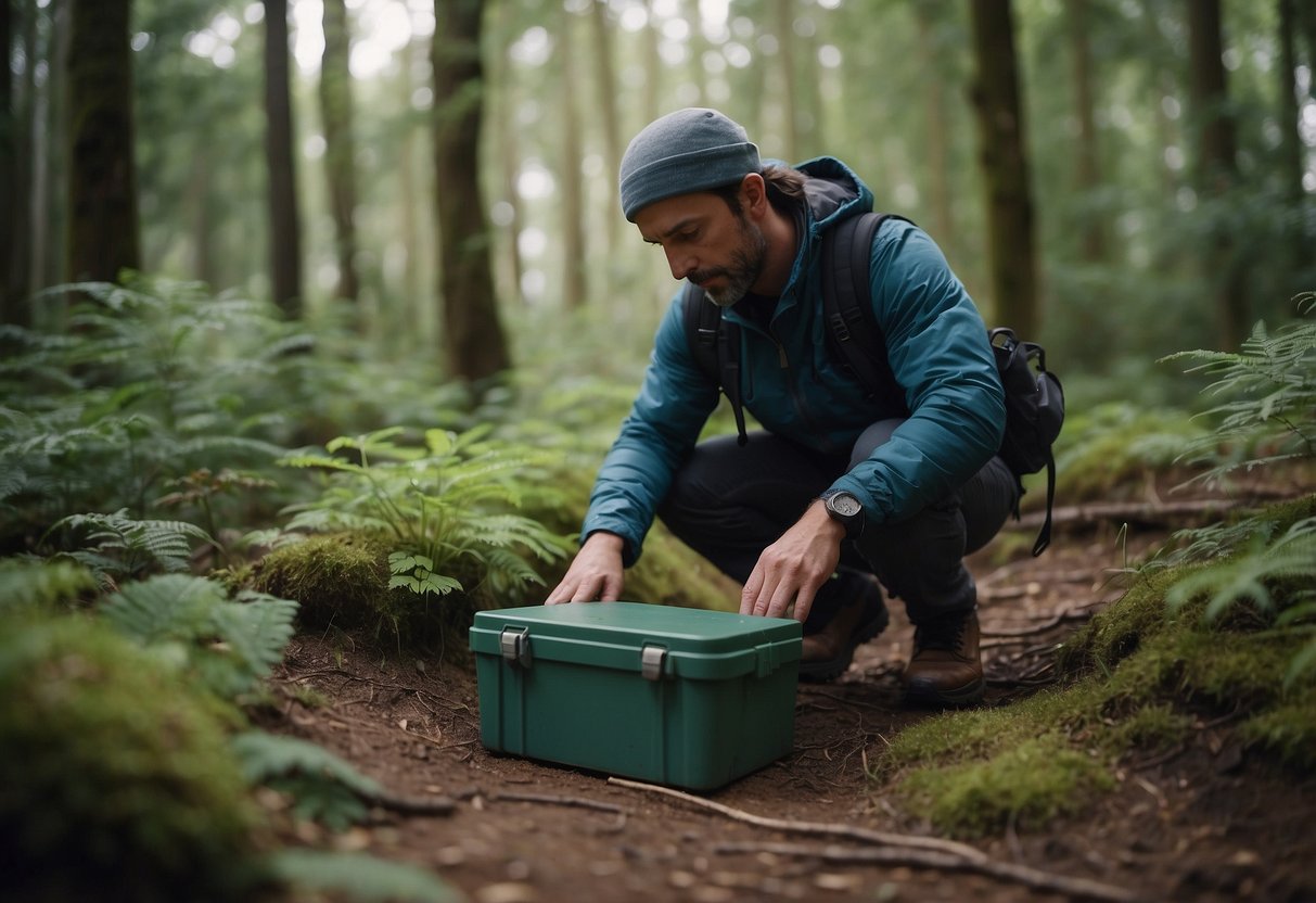 A geocacher carefully approaches a hidden container, mindful of the surroundings. They avoid trampling vegetation and leaving the area undisturbed