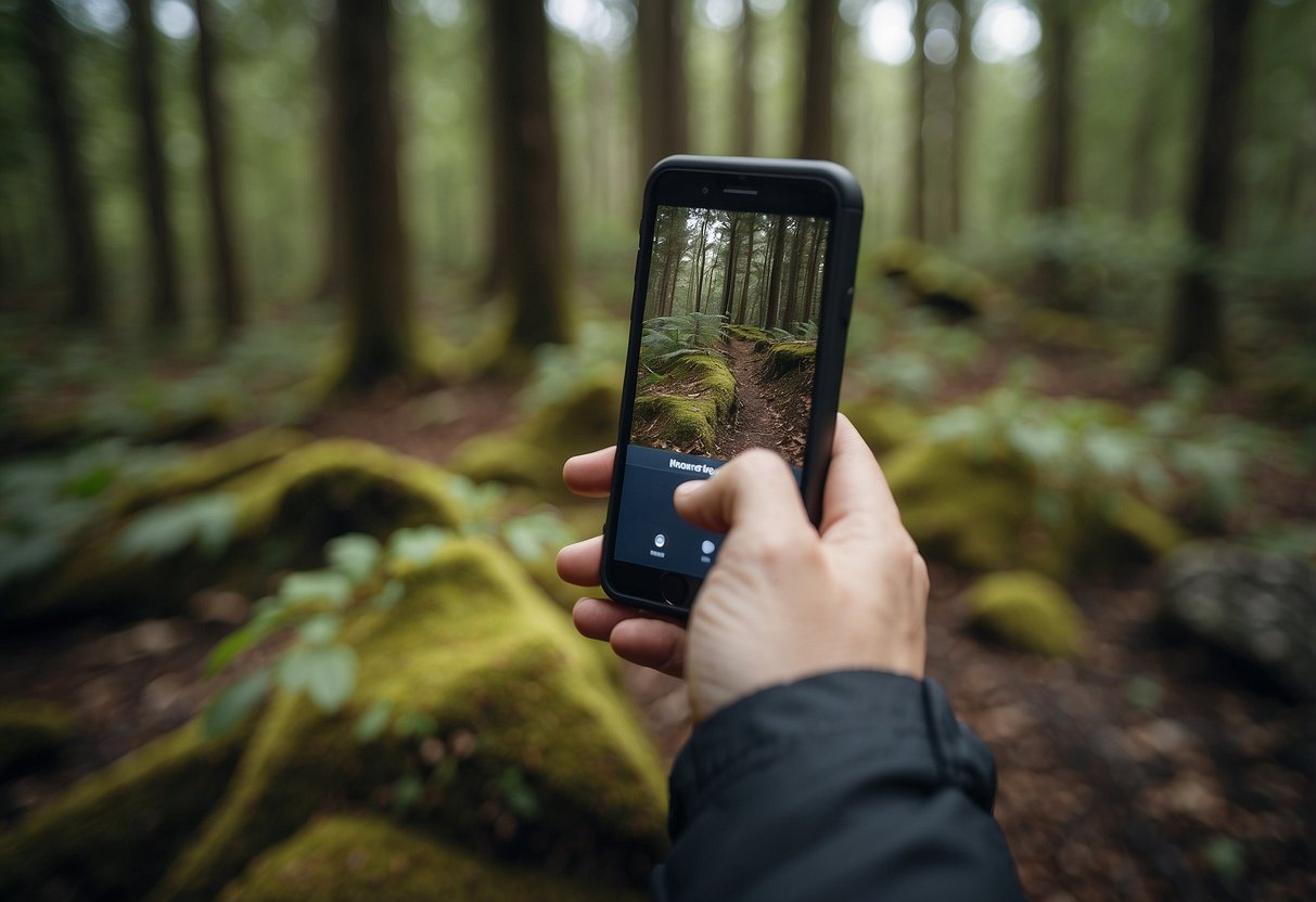 A person using a GPS device to search for hidden geocaches in a forest, encountering obstacles and making mistakes along the way