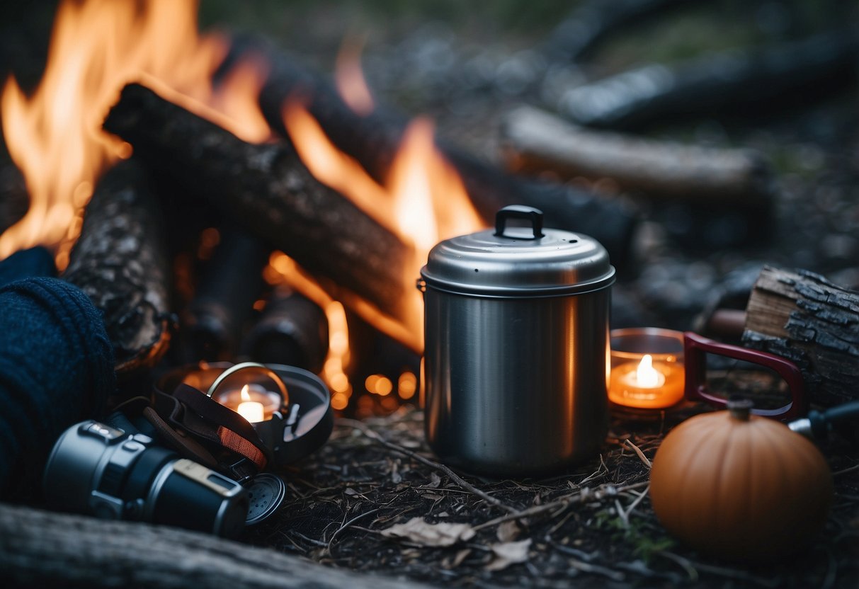 A cozy campfire surrounded by geocaching gear, with warm clothing and hot drinks nearby. Trees and a clear sky in the background