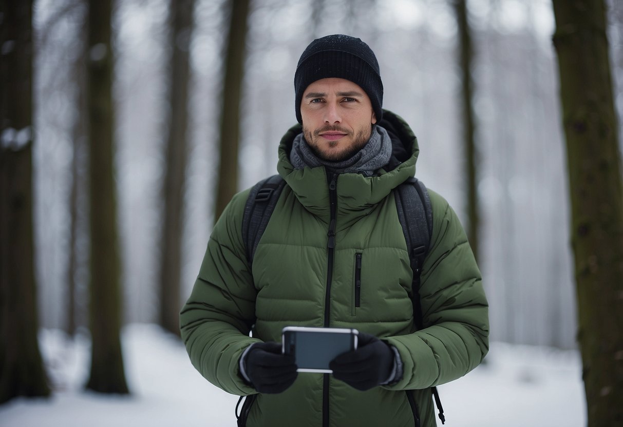 A person in a forest wearing layers of merino wool clothing, holding a GPS device, surrounded by trees and hidden caches