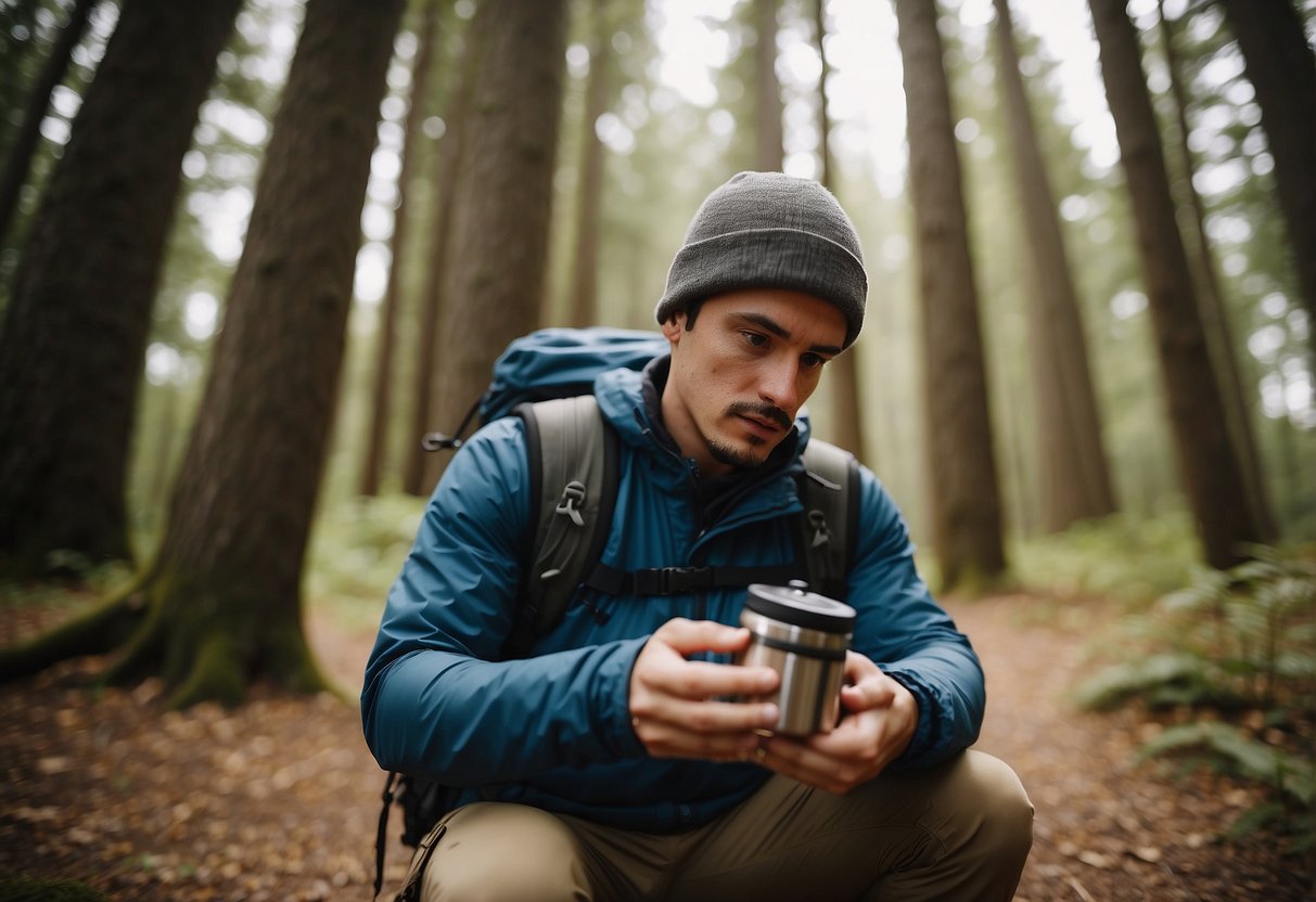 A geocacher reaches into a backpack, pulling out hand warmers. Surrounded by trees, they prepare for a chilly adventure