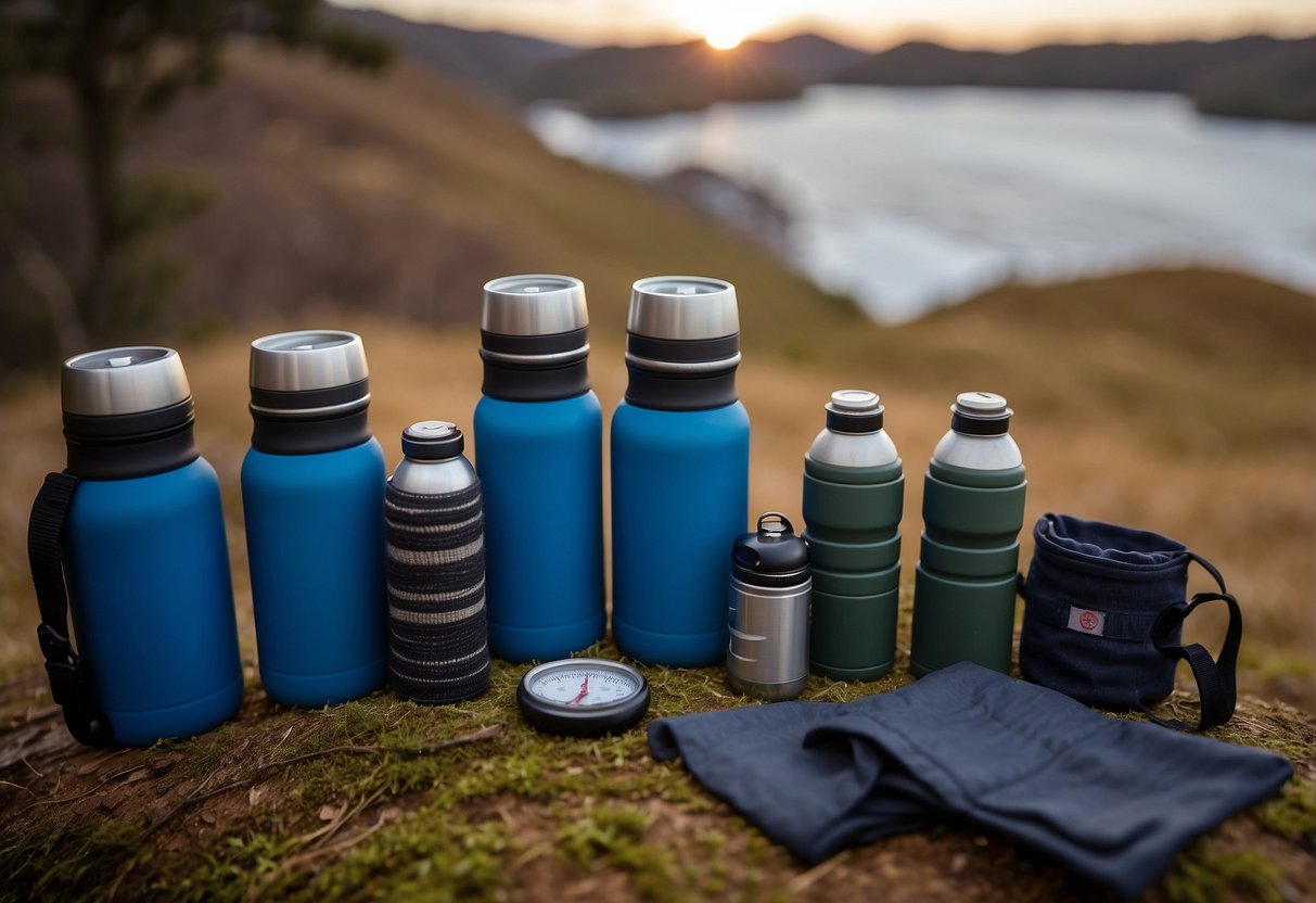 A group of insulated water bottles arranged next to a geocaching map and compass. A cozy scarf and gloves are nearby, along with a thermos of hot cocoa