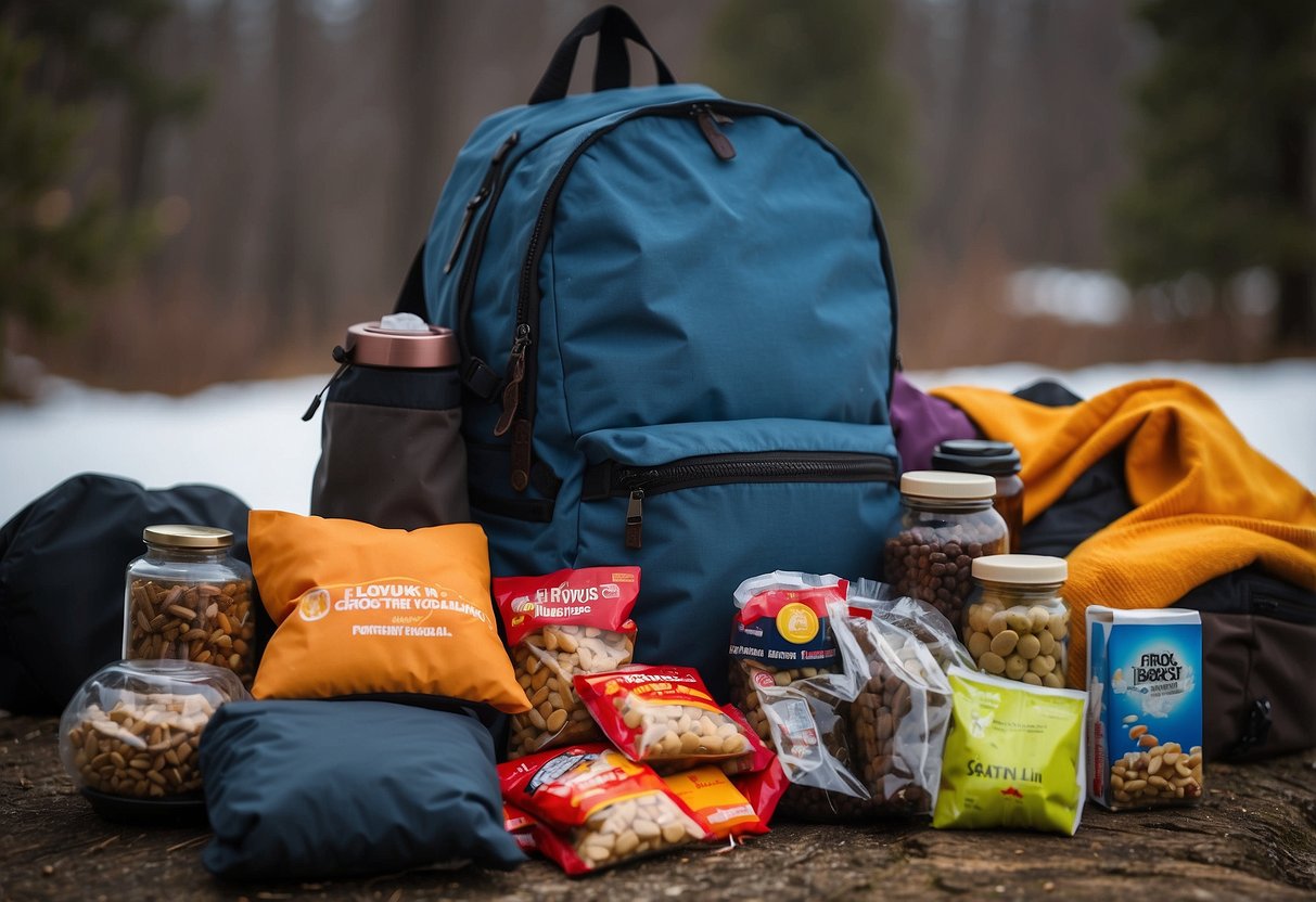 A backpack filled with high-energy snacks sits next to a pile of warm clothing and accessories, including gloves, a hat, and a scarf, ready for a geocaching adventure