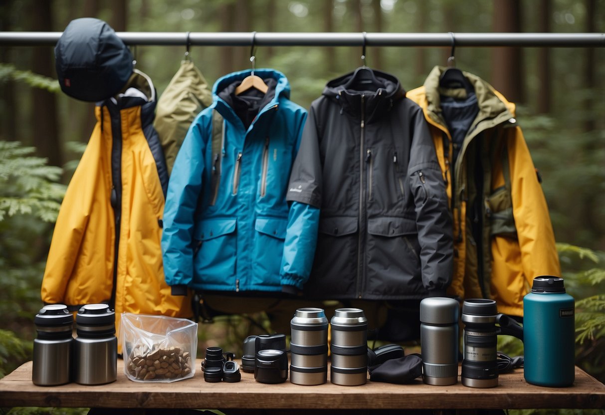 A group of windproof jackets hanging on a rack, surrounded by geocaching gear and a map. A thermos and snacks sit nearby