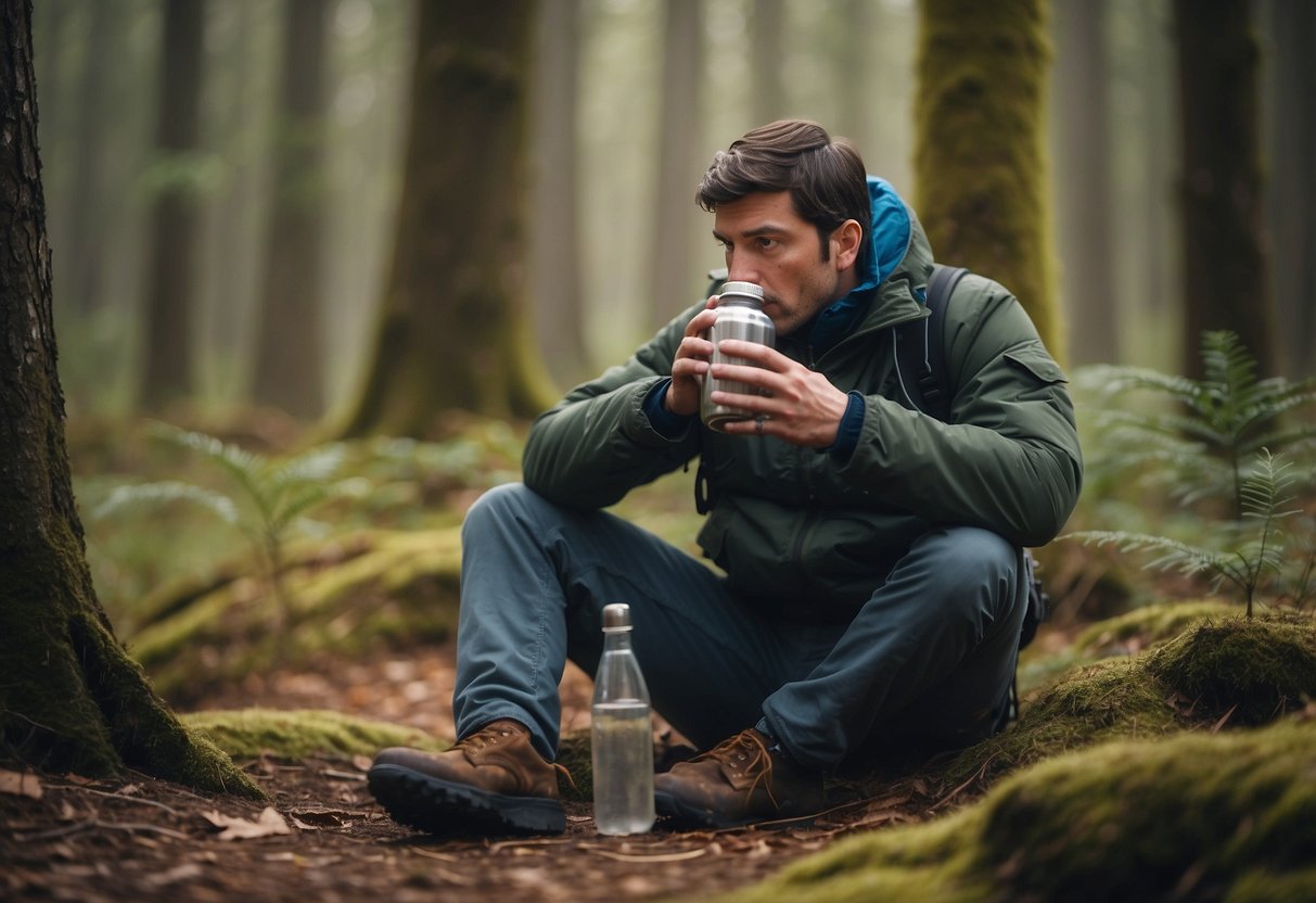 A geocacher sips water and eats a snack while wearing warm layers in a forest. A thermos sits nearby, and a map and compass are spread out on the ground