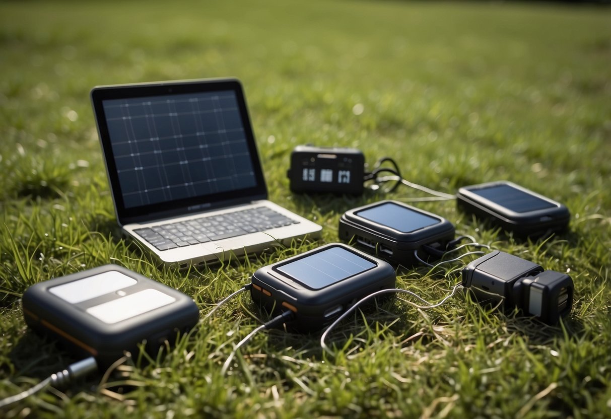 A sunny outdoor scene with 5 solar chargers placed on a grassy field, surrounded by geocaching equipment and a GPS device