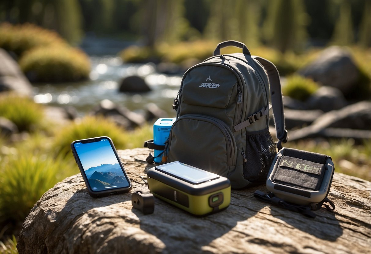 A sunny day in the wilderness, with a backpack and geocaching equipment laid out. The Anker PowerPort Solar 5 charger is propped up, harnessing the sun's energy to power devices