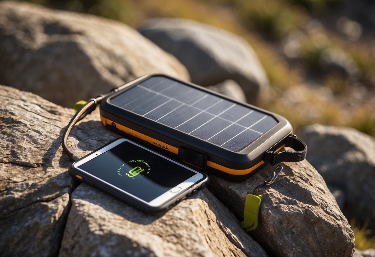 The Nekteck 21W Solar Charger sits on a rocky ledge, surrounded by geocaching gear. The sun shines brightly overhead, casting a warm glow on the charger's solar panels