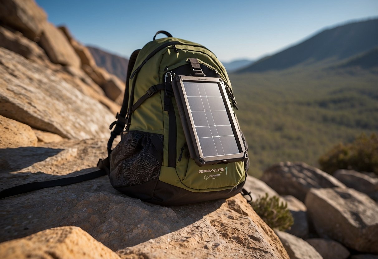 A rugged backpack lies open on a rocky outcrop, revealing a RAVPower 24W Solar Charger. The sun shines brightly overhead, casting long shadows on the ground. Nearby, a GPS device and map hint at an upcoming geocaching adventure