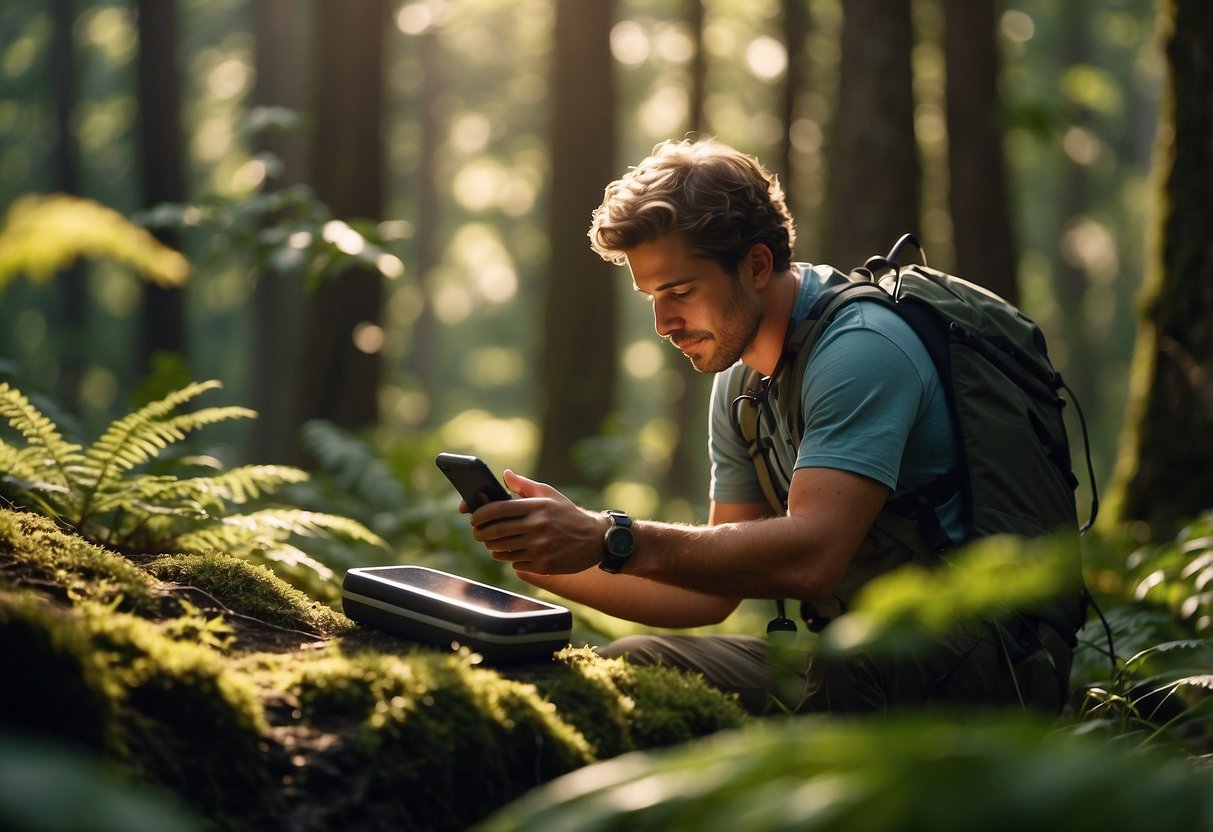 A bright, sunny day in a lush forest setting, with a geocacher using a solar charger to power their GPS device while searching for hidden treasures