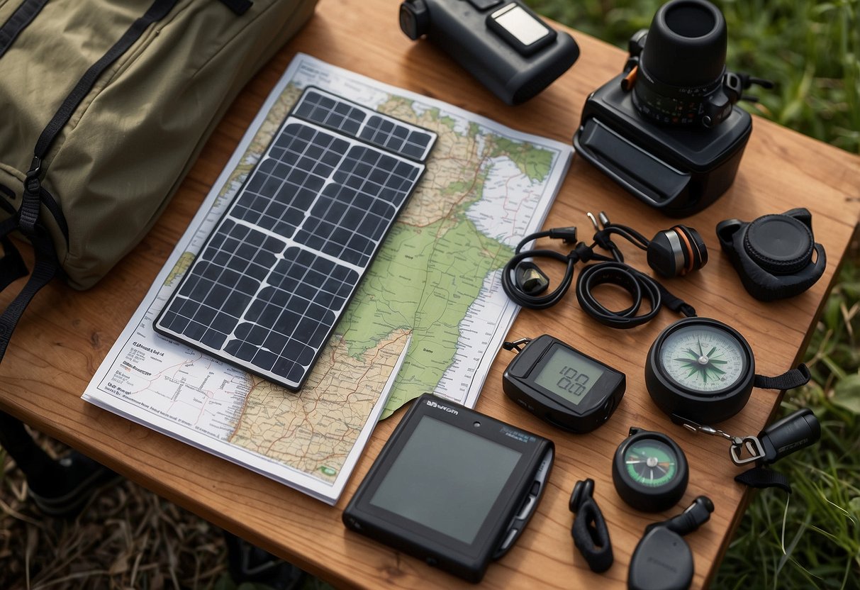 Solar chargers laid out on a table with various geocaching equipment nearby. A map and compass are visible, along with a backpack and hiking boots