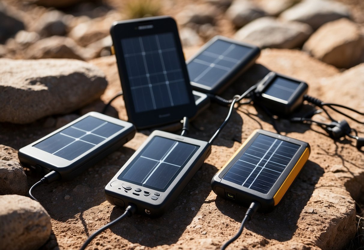 A group of solar chargers arranged on a rocky terrain, with geocaching equipment scattered around. The sun is shining brightly overhead, casting shadows on the ground