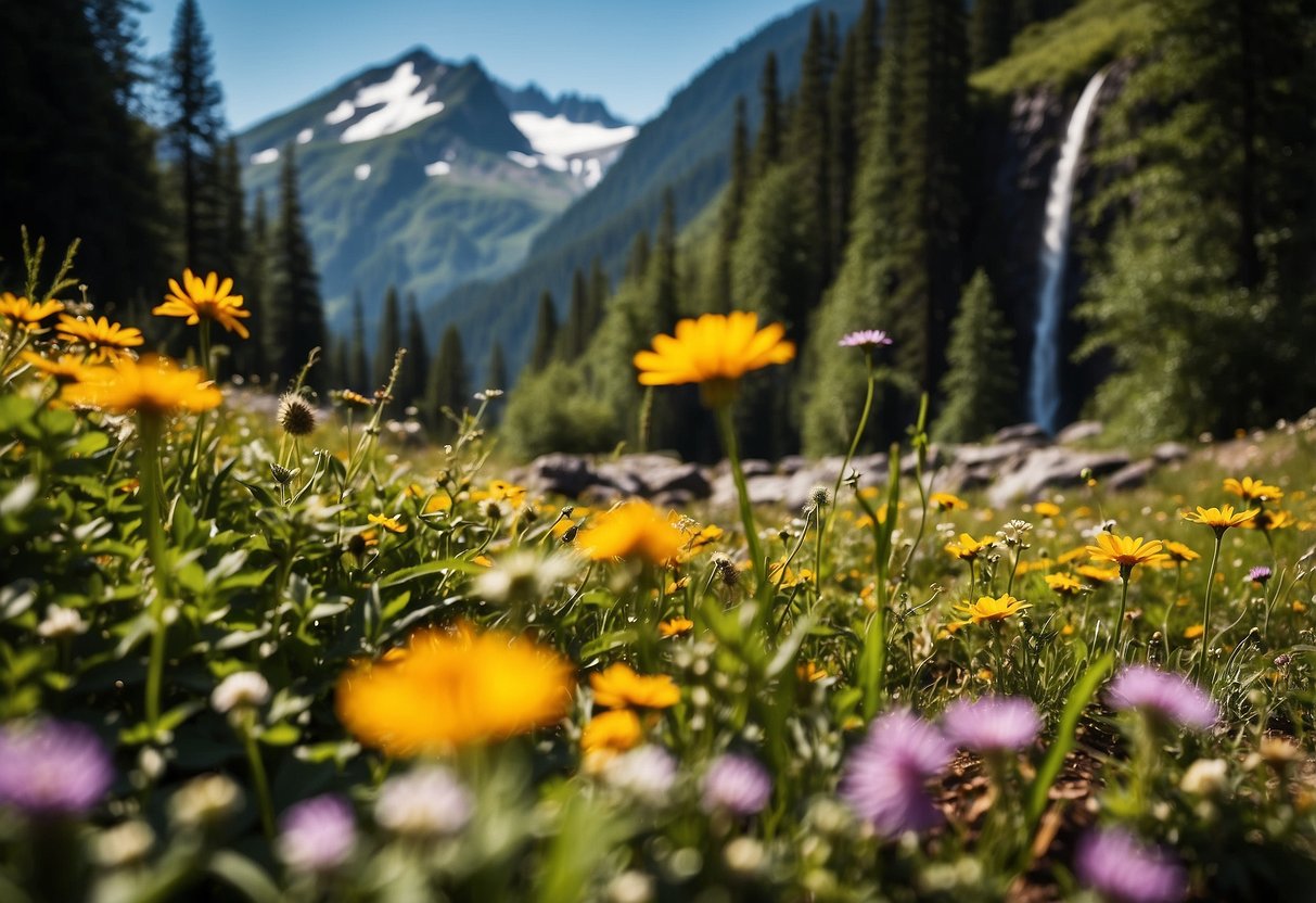 A lush forest with a hidden geocache nestled among vibrant wildflowers, a sparkling waterfall in the background, and a majestic mountain peak in the distance