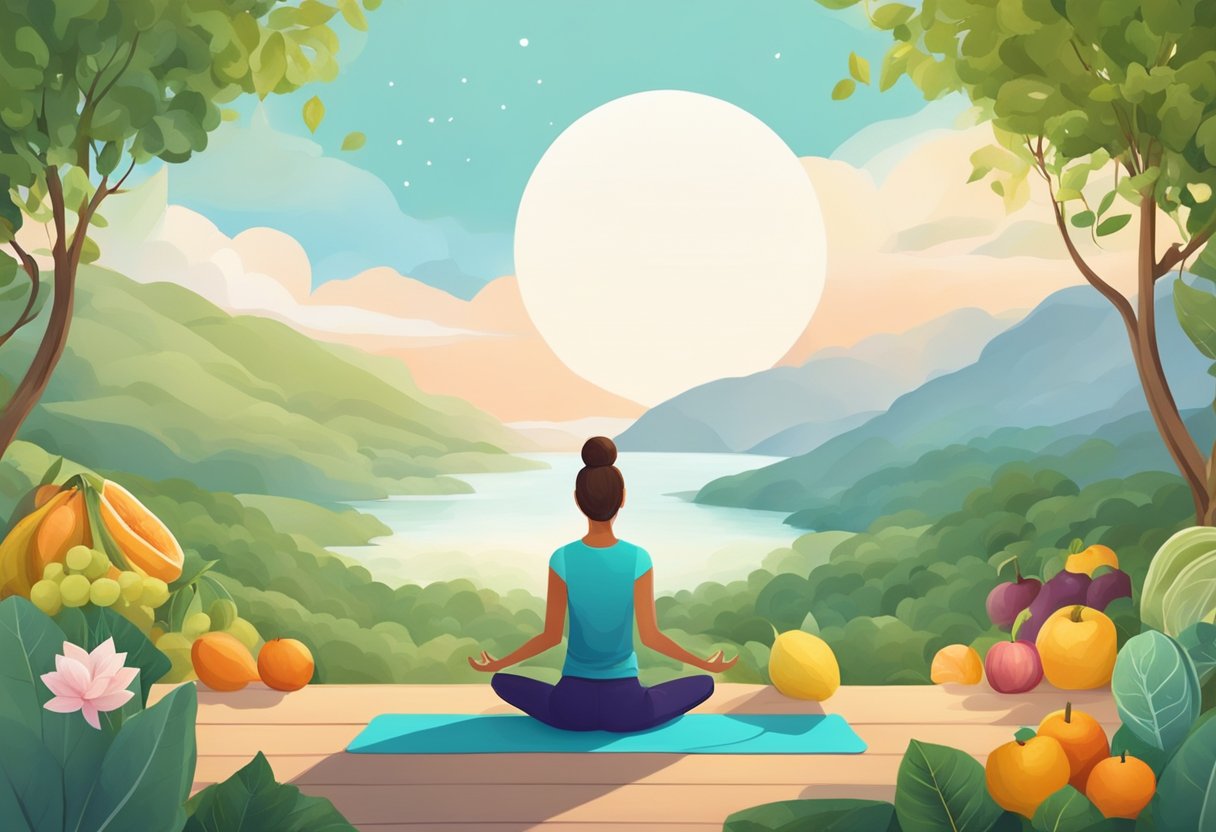 A serene landscape with calming colors, a woman practicing yoga or meditation, surrounded by healthy food and a supportive social network