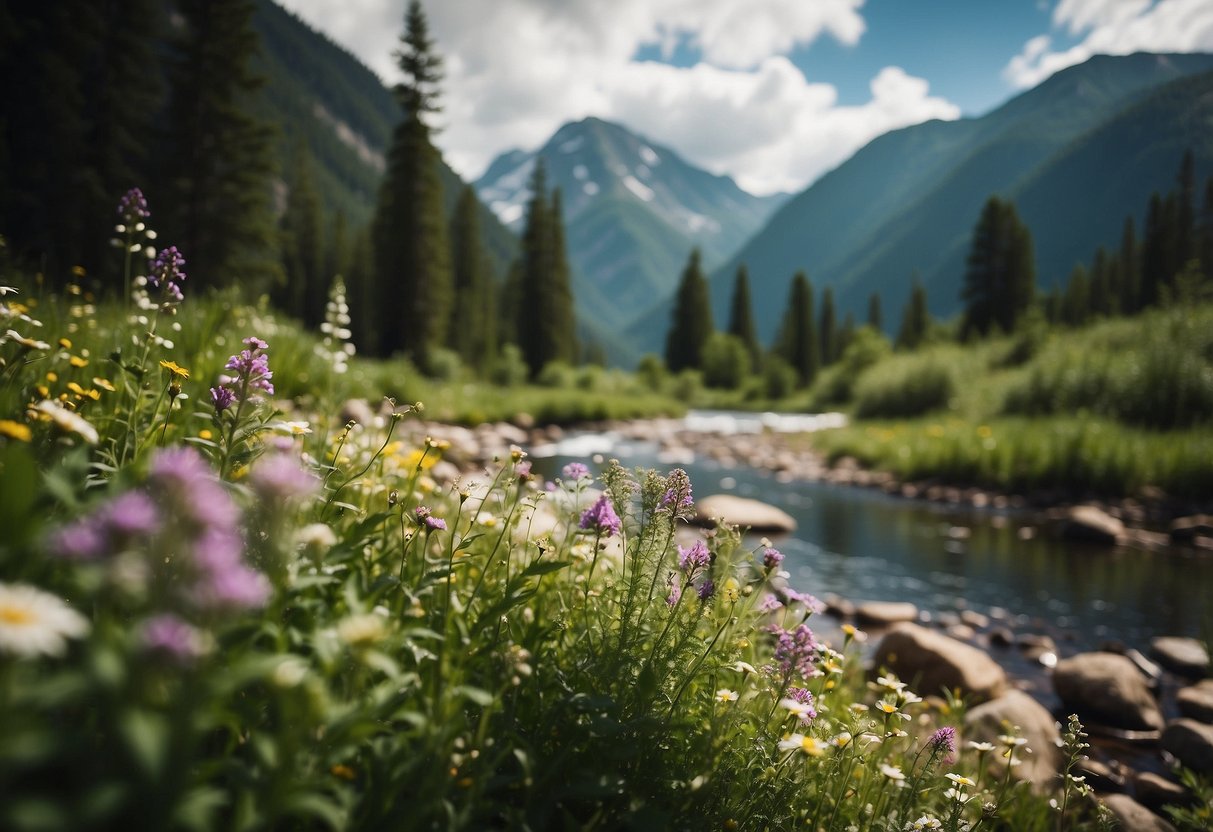 A lush forest with a hidden geocache nestled among vibrant wildflowers, a flowing river, and towering mountains in the background