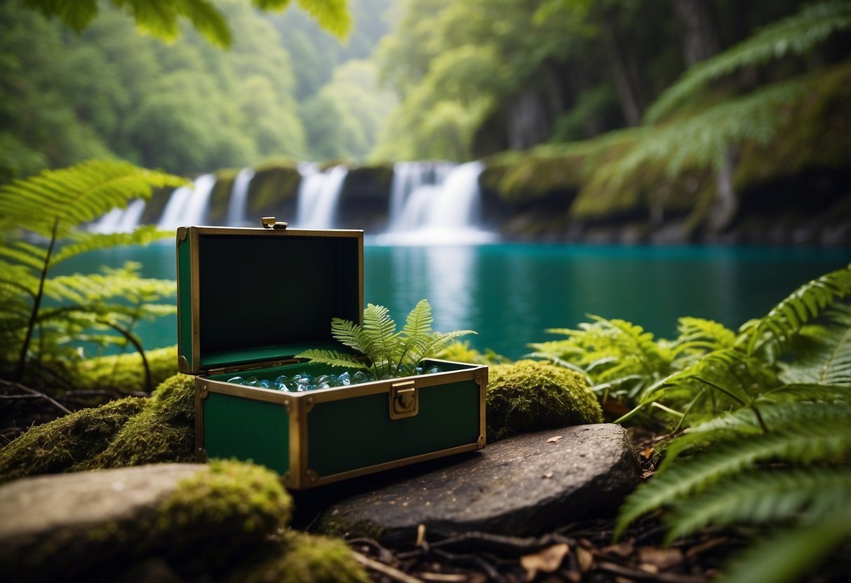 A lush forest with a hidden treasure box nestled among vibrant foliage, a sparkling waterfall in the background. A serene lake reflects the surrounding mountains, with a geocache waiting to be discovered on its shore