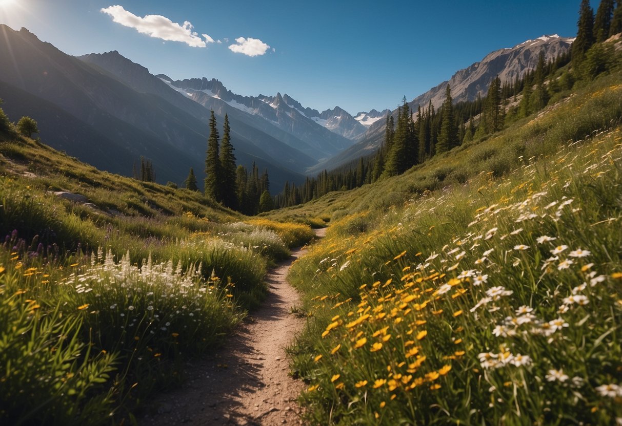 A lush forest with a winding trail leading to a hidden cache nestled among vibrant wildflowers, with a backdrop of majestic mountains and a clear blue sky