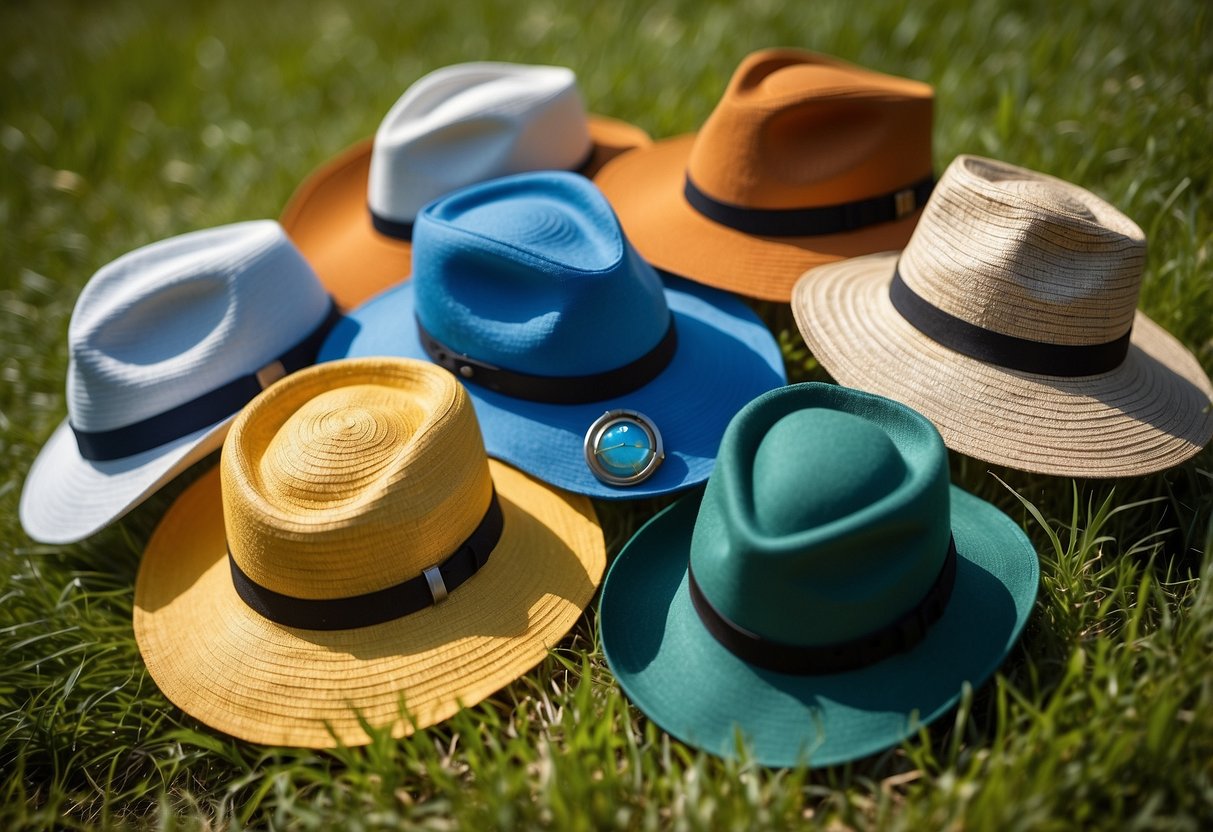 A sunny outdoor scene with five different styles of lightweight hats, each with a geocaching theme, laid out on a grassy field